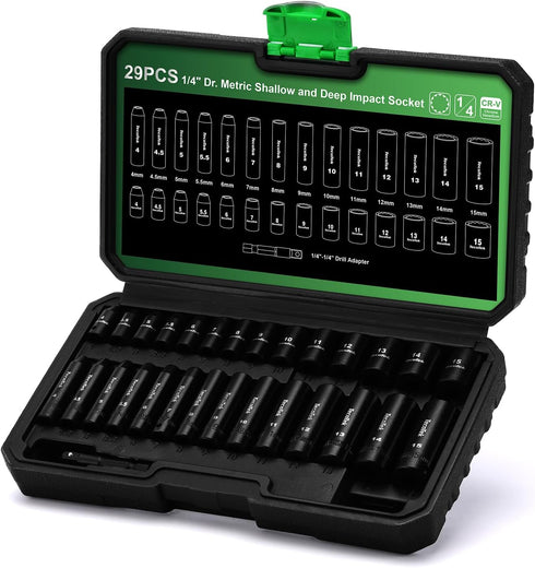 29 1/4-Inch 12-Point Set, 4-15mm 1/4"-1/4" TecoTek Pieces Drive Shallow and Deep Impact Socket CR-V, Metric, Drill