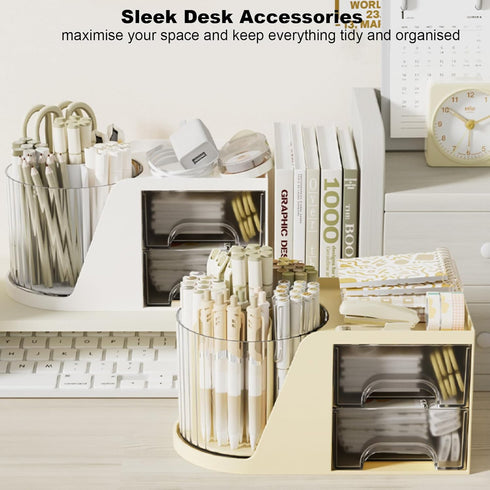 Marte Vanci Desk Organizer, Plastic Makeup Organizer with Drawers, Rotating Pen Holder, Multifunctional Desk Caddy