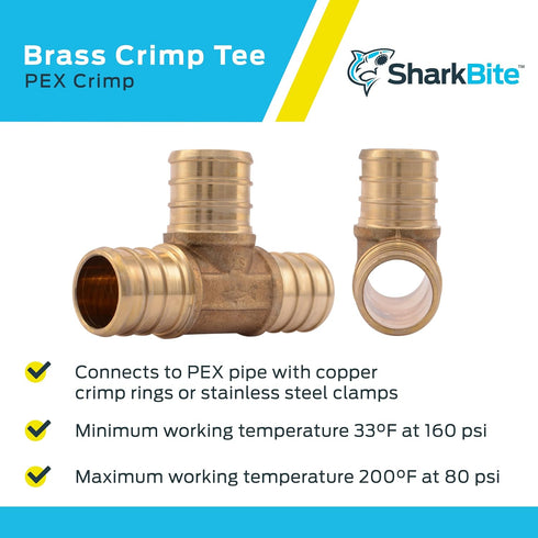 SharkBite 3/4 Inch Crimp Tee, Brass Plumbing Fitting for PEX Pipe, PE-RT