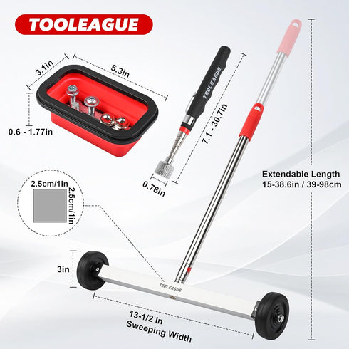17" Handle,10Lb Tray,15Lb Pen,3Pcs Set TOOLEAGUE Rolling Magnetic Sweeper with Wheels,Telescoping Adjustable Capacity