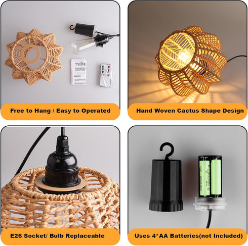 TWINKVILLA 2Pack Battery Operated Chandelier, Hanging Gazebo Lights, Cactus Shape Boho Rattan Pendant Lights Outdoor