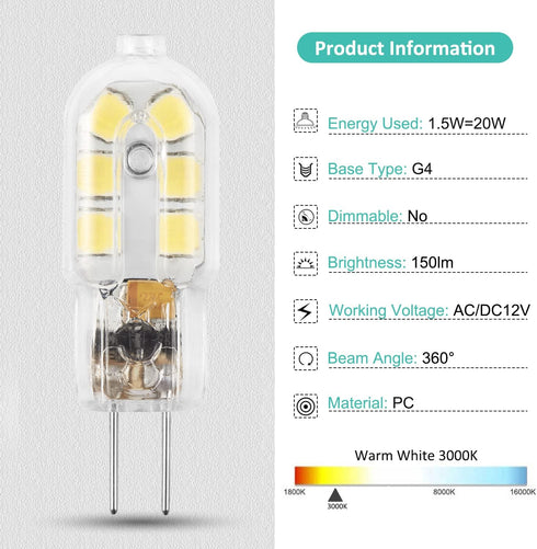 G4 Bulb, 12V 20W Bulb Dimmable, 3000K, 10-Pack LED Bi Pin Halogen Replacement, NOT Warm White