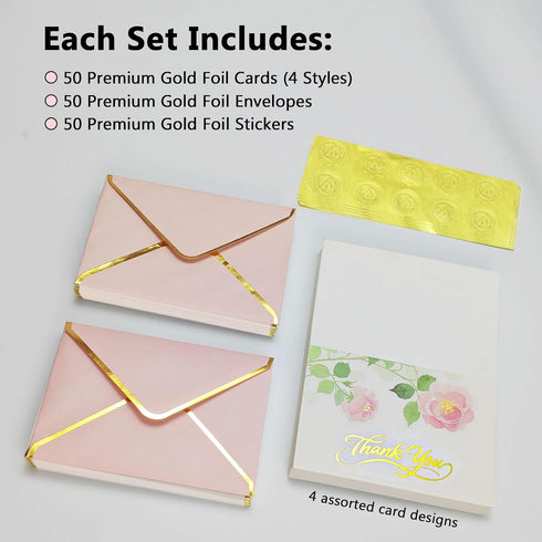 50 (4 Luxurious Gold Foil Thank You Cards Bulk with Envelopes and Stickers for Birthday Baby Shower Bridal Shower