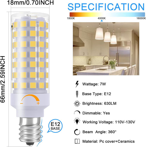 E12 Bulb Dimmable C7 Bulb E12 Bulb 60W, 4000K, T6 120V 7W 630LM E12 Bulbs 6 Pack TAIYALOO LED Equivalent to Halogen