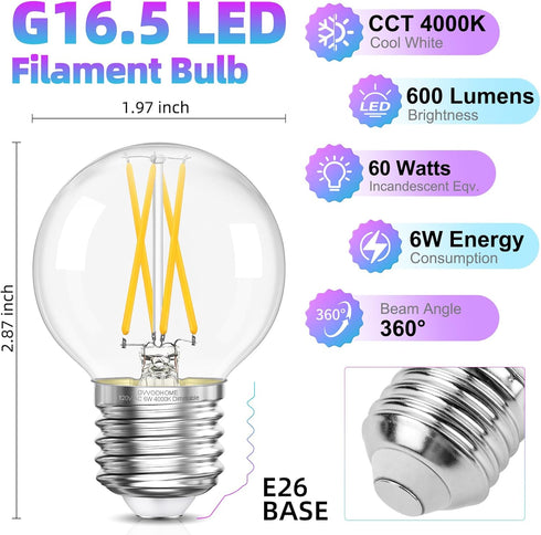 G16.5 Bulb Dimmable, 6W, 60 4000K E26 Bulb, Bulbs 90+CRI 600LM, 6 Pack GvvooHome LED watt Equivalent, Neutral White