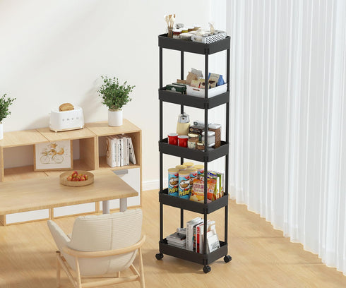 5-Tier Sooyee Plastic Rolling Utility Cart with Wheels, Multi-Functional Storage Trolley for Office, Living Room