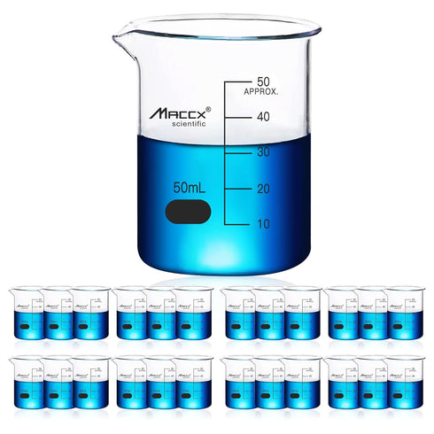 1.7oz(50ml) Sturdy Glass Beaker, 3.3 Borosilicate Griffin Low Form with Printed Graduation, Pack of 24, BKL050-024