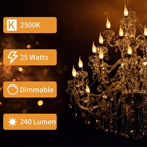 20-Pack E12 Bulbs 25W 2500K, 240 Dimmable Bulbs CA10 Bulbs COLWATT Candle Light Warm White Lumen Chandeier Light