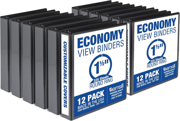Samsill Economy 1.5 Inch 3 Ring Binder, Customizable Clear View Cover, Black, 12 Pack, Made in The USA