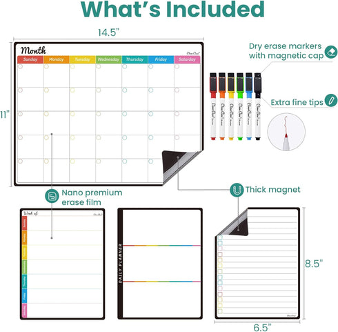 CLEVER CLEAN Magnetic Dry Erase Monthly Calendar Set - 14.5"x11" Monthly Calendar, 6.5"x8.5" Weekly, Daily, List Boards for Fridge - 6 Extra Fine Point Markers Included - Shipped Flat by Clever Clean