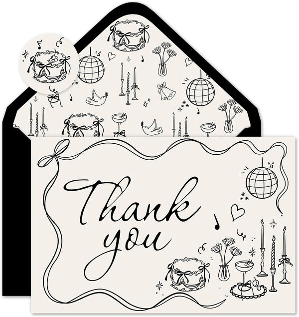 Whaline 50 Pack Wedding Thank You Cards Vintage Black Bow Cake Thank