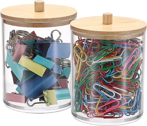 BTSKY 2 Pack Clear Paper Clip Holder with Bamboo Lid - Cute Organizer for Office Supplies and Bathroom Vanity
