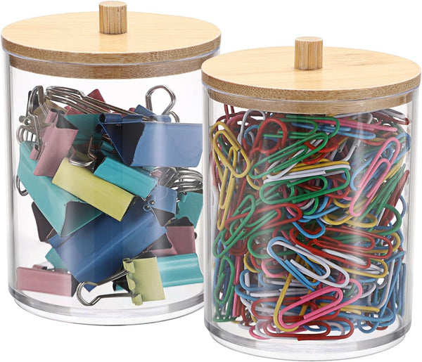 BTSKY 2 Pack Clear Paper Clip Holder with Bamboo Lid - Cute Organizer for Office Supplies and Bathroom Vanity