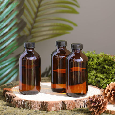 Nuenen 16 Pack 8 oz Amber Boston Round Glass Bottles with Black Poly Cone Cap for Homemade Vanilla Extract Essential
