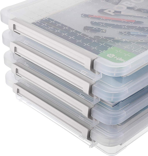 BTSKY 4 Pack A4 Plus Clear Plastic Stackable Storage Box, Desk Paper Magazine Container with Buckle for Organizing