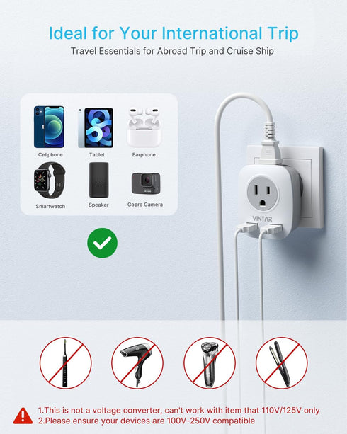 Italy Travel Plug Adapter, VINTAR US to Italy Power Adapter with 2 American Outlets, 3 USB and 1 USB-C