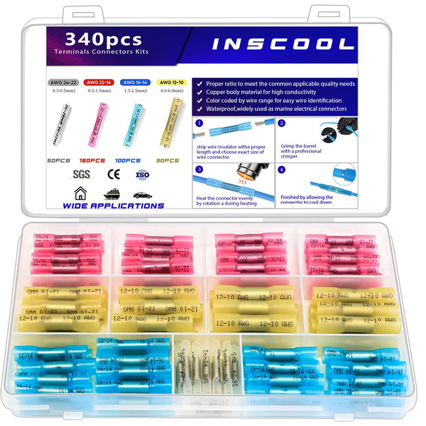 340pcs Heat Shrink Butt Connector, Waterproof Crimp Electrical Wire Connector for Automotive, Decoration Wiring