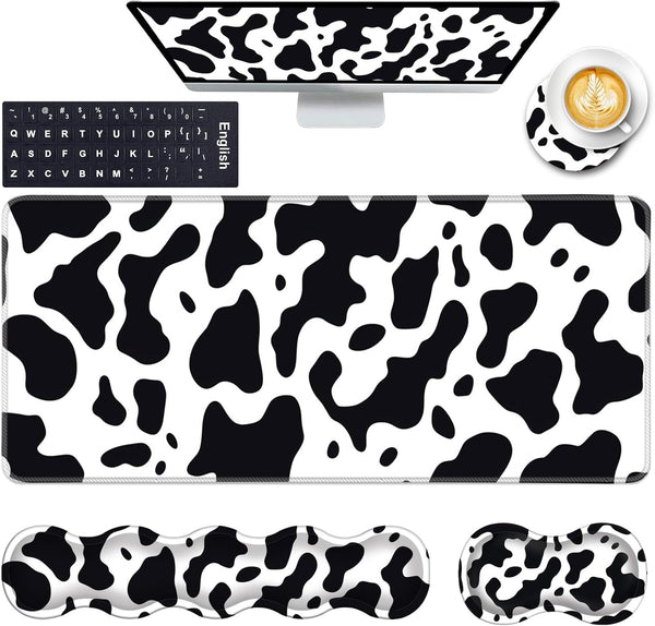 Keyboard Wrist Rest and Mouse Pad Set, Ergonomic Coaster with Memory Foam, Large XL Desk Mat (Cute Cow Print)