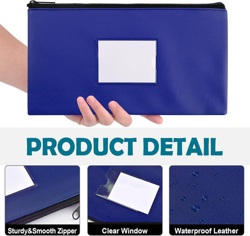6 Pack 11.25"x6.25" Set Blue Money Bags with Zipper, Bank Deposit Bags, Durable Leatherette Cash Pouch for Business