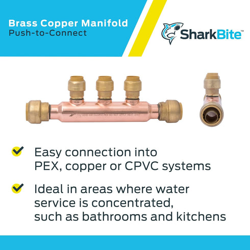 SharkBite 3/4 Inch x 1/2 Inch Outlet Multi-Port Tee, Push to Connect Brass Plumbing Fittings
