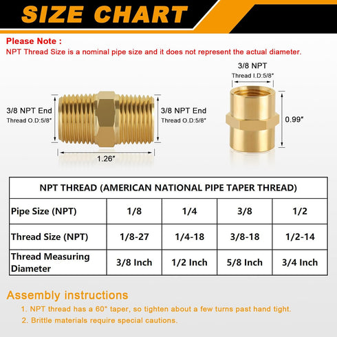 KOOTANS 12pcs Brass Pipe Fitting, NPT Hex Nipple, Coupling, 3/8" x 3/8" NPT Male Pipe, 3/8" x 3/8" NPT Female Pipe Fittings Set(6 Nipple & 6 Coupling) by KOOTANS