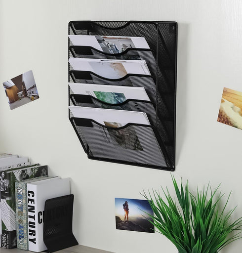 EasyPAG 5 Pocket Wall File Holder - Mesh Hanging Organizer for Mail Paper, Vertical File Folder Holder, Black