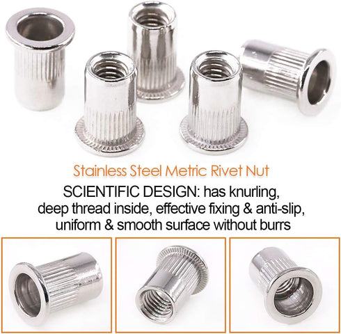 Keadic 50Pcs M6 Metric Rivet Nut, Stainless Steel Flat Head Threaded Insert for Automotive, Furniture, Decoration