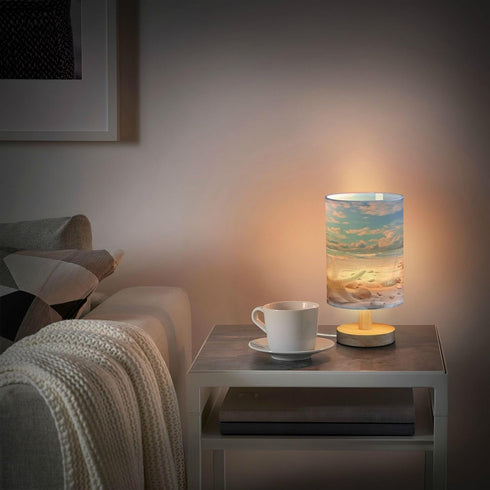 Starfish Summer Beach Bedside Table Lamp, Small Eye Care LED Desk Reading Lamp, USB Port, Wood Base, Flaxen Fabric Shade