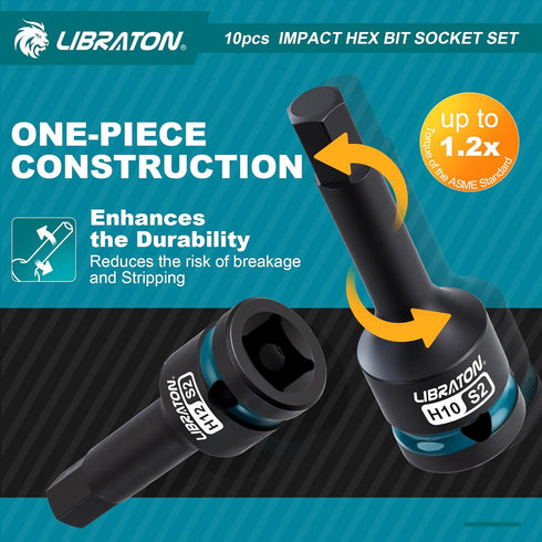 Set, 1/2" S2 10PCS H5-H19) LIBRATON Impact Hex Bit Socket Dr, Steel, High Torque Sockets(Metric for Professional