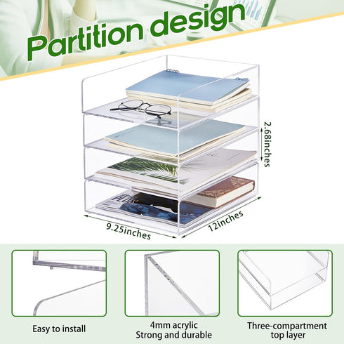 Harloon 4 Tier Acrylic Paper Tray, Stackable Letter Tray for Organizing, Clear Trays for Office Storage