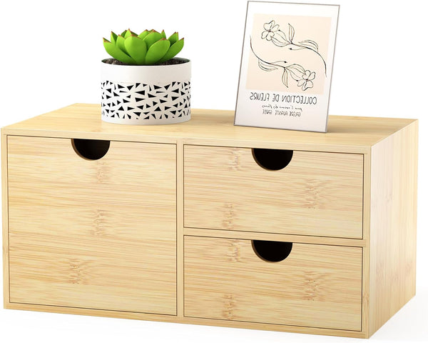 Bamboo Desk Organizer with Drawers, Mini Tabletop Storage Container for Home Office, No Assembly Required
