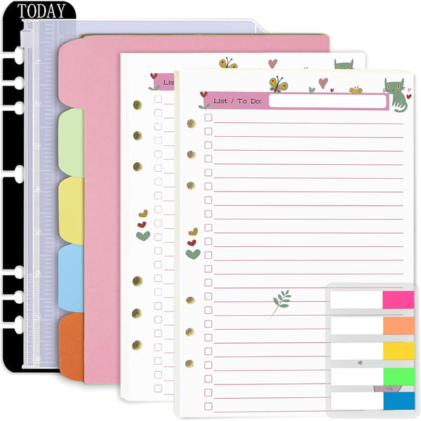 Rancco A5 Planner Inserts To Do List, 90 Pages Colorful 6-Ring Loose-leaf Refills with Binder Divider, Zipper Pouch,