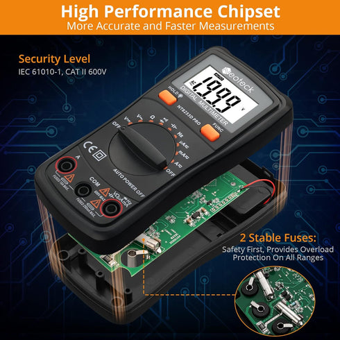 Neoteck Auto Ranging Digital Multimeter, AC/DC Voltage Current Ohm Capacitance Frequency Diode Transistor, Multi Tester