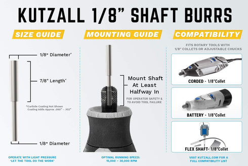Kutzall Original Cylinder Rotary Burr, 1/8" Shaft, Coarse - Wood Carving Bit for Dremel, Foredom, DeWalt