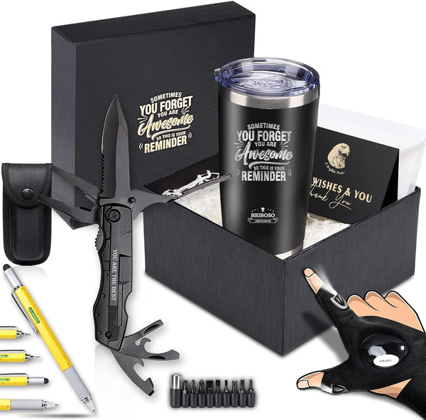 HEIBOSO Gifts for Men - 6-in-1 Gift Set with Stainless Steel Tumbler,Multi-Tool Knife,LED