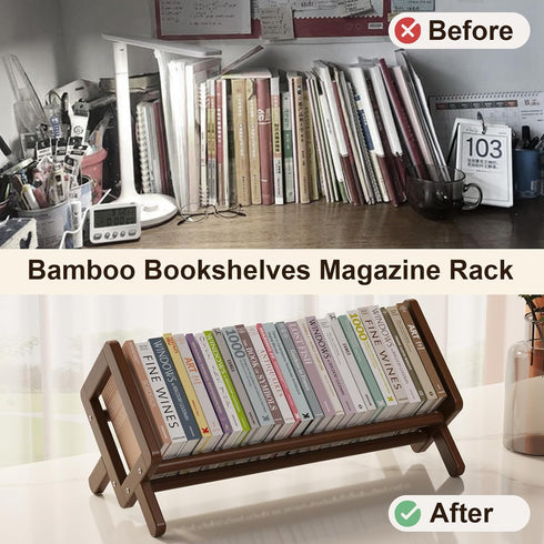 Bamboo Desktop Bookshelf, Large Retro Brown Rack for Books, Magazines, Files, Tabletop Storage