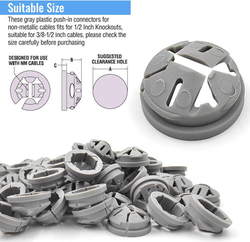 120 Pcs 3/8-1/2 Inch Electrical Box Cable Connectors, Non-Metallic Push in Wire Connectors