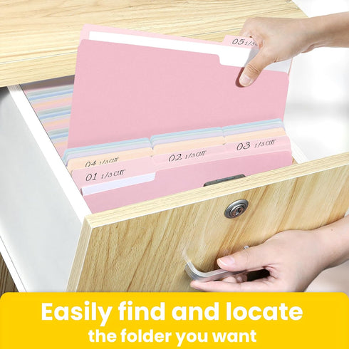 SUNEE File Folders, Letter Size, 10 Pastel Colors, 100 Pack Manila Folders, 1/3-Cut Tabs for Documents