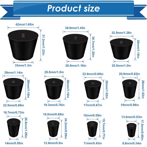 24Pcs Solid Rubber Stopper 11 Assorted Sizes 000# - 8# for Flask, Plug Holes, Lab Seal Rubber Stoppers
