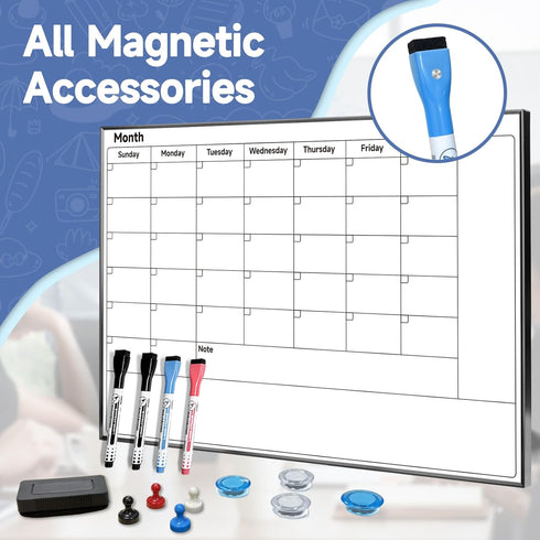 Dry Erase Calendar Whiteboard for Wall Hanging, 24"x18" Monthly White Board Calendar with Sturdy Aluminum Frame