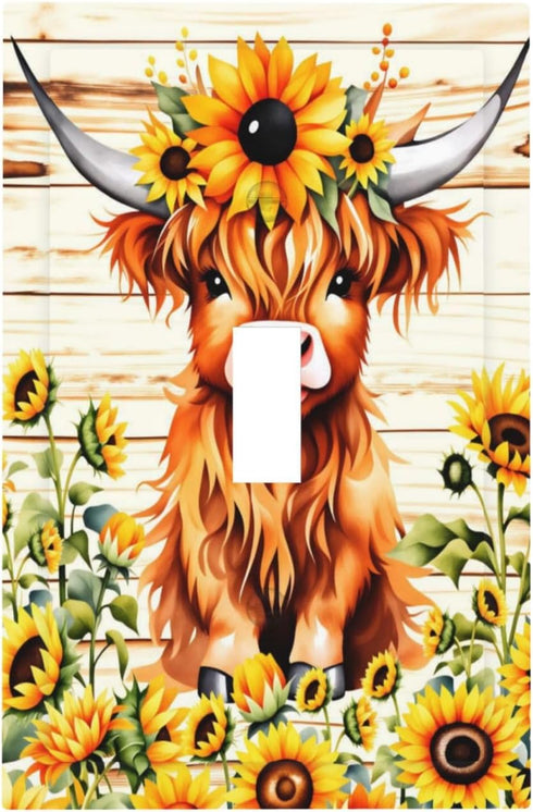 HTSAHKV Sunflower Highland Cow Wall Plate Light Switch Cover Single Gang Outlet Faceplate