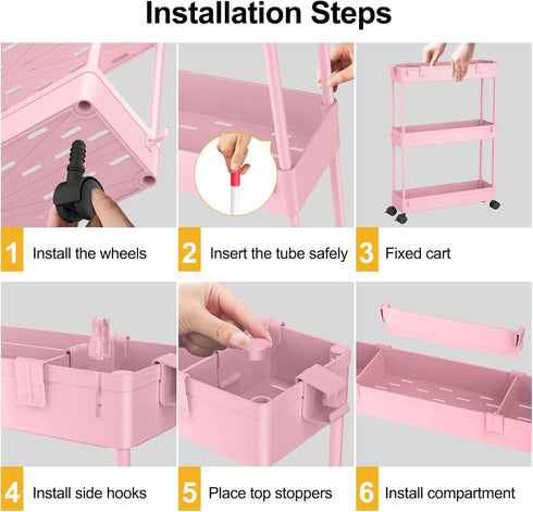 SPACELEAD Slim Storage Cart,3 Tier Bathroom Rolling Utility Cart Storage Organizer Slide Out Cart, Mobile Shelving Unit Organizer Trolley for Office Bathroom Kitchen Laundry Room Narrow Places, Pink by SPACELEAD