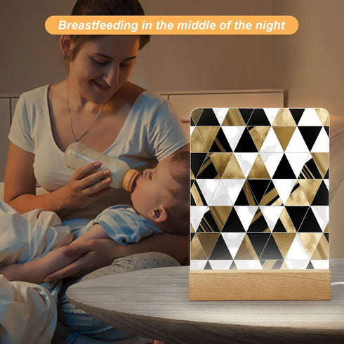 KNASNCHD Fashion Modern Black White Gold Triangles Night Light with Wood Base USB Interface Power Supply,Bedside Table