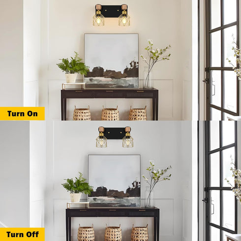 2-Light FadimiKoo Rustic Style Wood Bathroom Wall Sconces, Black Gold Bathroom Vanity Light Fixtures with Metal Shade