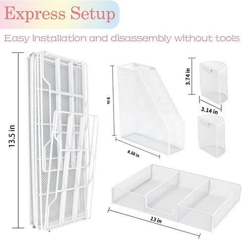 Desk Organizers and Accessories, 4 Tier Tray Letter Paper Organizer with Vertical File Holder for Office Supplies, White