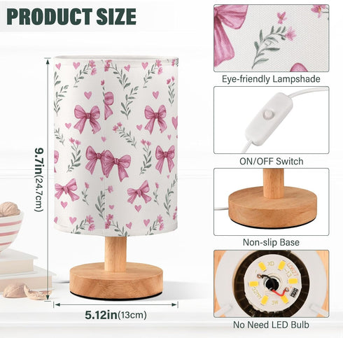 Pink Bows Hearts Flower Bedside Table Lamp Small Desk Lamps Linen Fabric Shade Decorative Nightstand Lamp LED with USB
