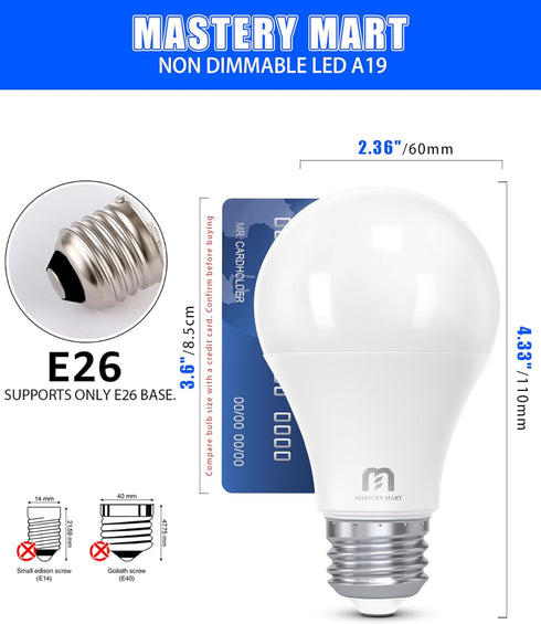 MASTERY MART A19 60-Watt LED Light Bulbs, 5000K Bright Daylight White, 800 Lumens, 6 Pack, Non-Dimmable