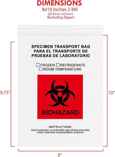 GPI - 8" X 10" 100 Pack, Biohazard Specimen Zip Bags, 2 Mil Thick for Laboratory or Health Care Facility Samples