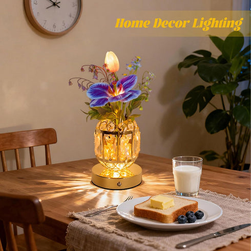 BVI BOOMERVIVI 3-Color Dimmable Flower Crystal Table Lamp, Small Night Light, Rechargeable Cordless Touch Lamp