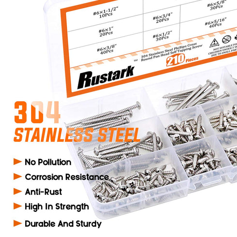 210-Pcs 304 Stainless Steel Round Pan Head Phillips Cross Wood Screws Assortment Kit, # 6 5/16'' to 1-1/2''